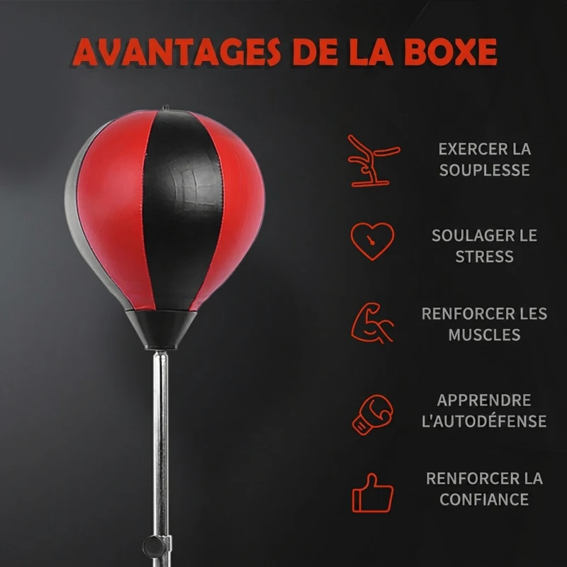 HOMCOM Sac de Frappe sur Pied Punching ball sur pied réglable en hauteur 126-144 cm avec gants, pompe et base de lestage pour adolescents et débutants noir et rouge
