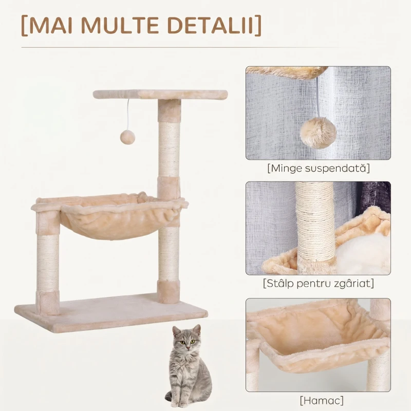 PawHut Turn pentru Pisici max. 3,6 kg cu Hamac și Minge Suspendată, din Lemn și Pluș, 50x36x70 cm, Bej
