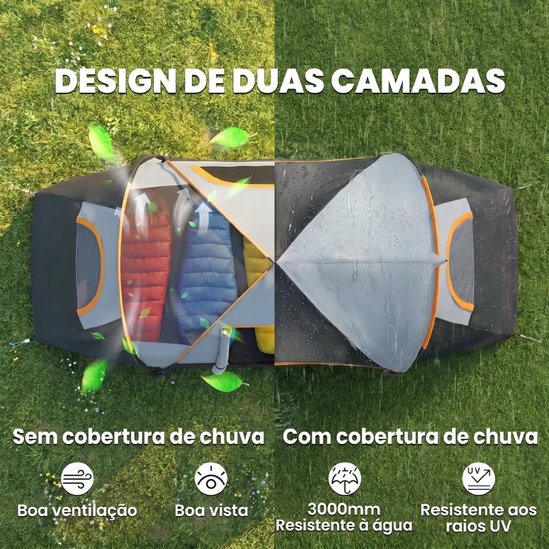 Outsunny Tenda de Campismo para 4-5 Pessoas Impermeável + Anti UV com Bolsa de Transporte e Gancho para Luz 455x230x180cm Cinza e Preto