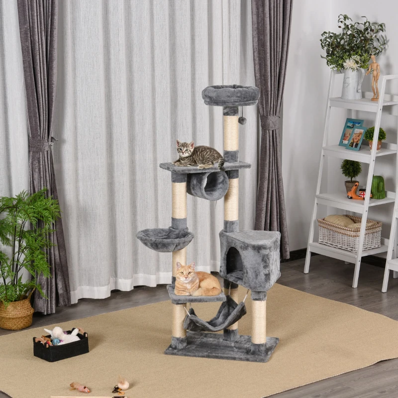 PawHut Tiragraffi per Gatti con Cuccia, Amaca, e Pali in Sisal, Grigio