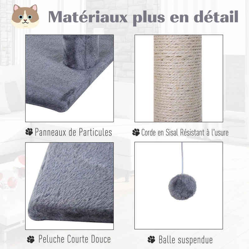 PawHut Arbre à chat 3 griffoirs grattoirs sisal naturel plateforme hamac et boule suspendue dim. 50L x 36l x 70H cm peluche courte gris