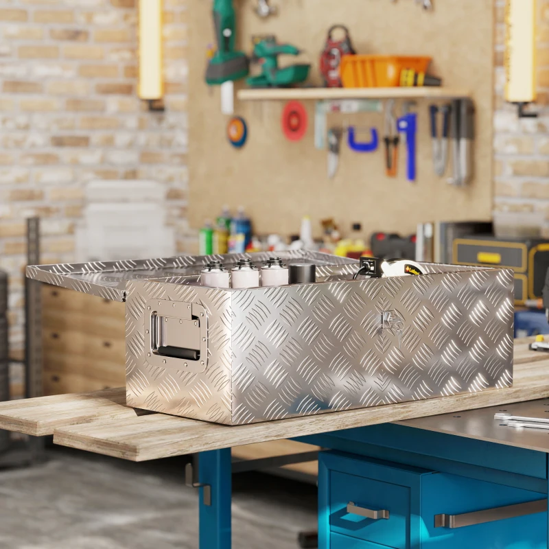 HOMCOM Caja de Herramientas de Aluminio con Asas Retráctiles Cierre con Llave y Gran Capacidad de Almacenaje 76x33x25 cm Plata