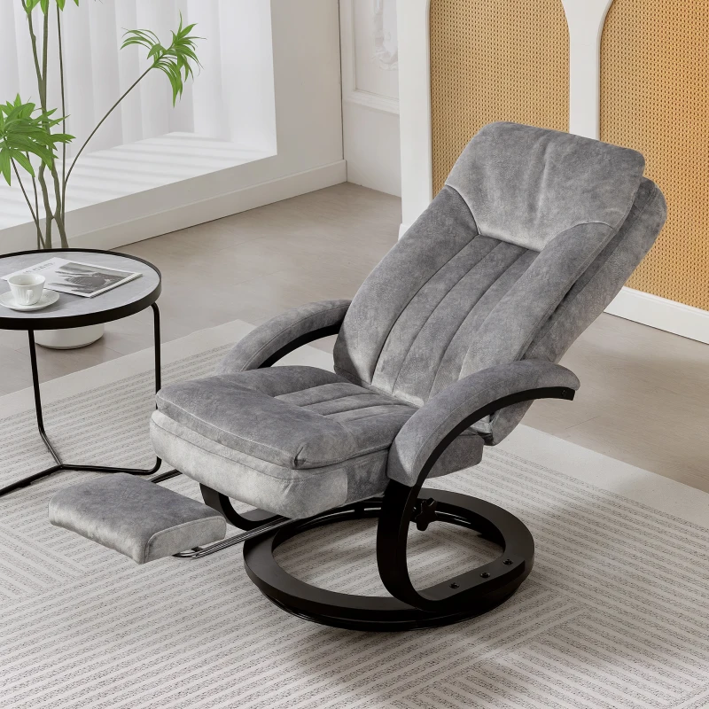 HOMCOM Swivel Recliner Chair with Footrest, Manual Recliner Armchair with Wooden Base, Plush Velvet Upholstered Reclining Chair for Living Room, Bedroom, Office, Grey