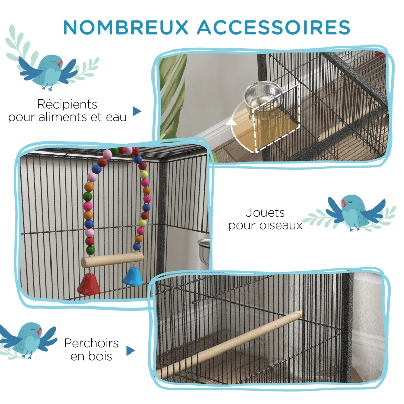 PawHut Cage oiseau sur pied cage sur roulettes avec balançoire, perchoirs et plateau coulissant 48 x 46 x 78 cm en acier noir