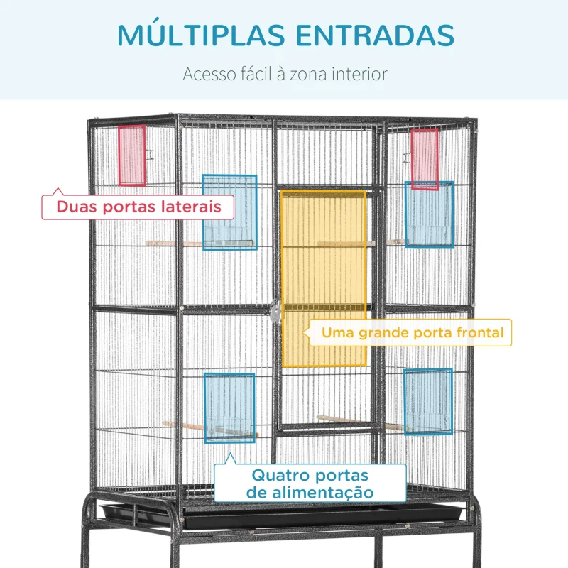 PawHut Gaiola para Pássaros com Rodas 81x48x162,5 cm com Bandeja 4 Poleiros 4 Comedouros e Prateleira Preto e Cinza