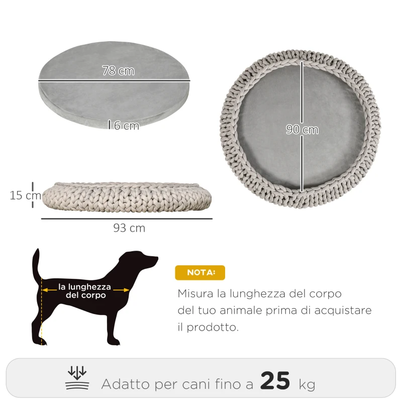 PawHut Cuccia per Cani e Gatti Rotonda, Rialzata e Lavabile in Cotone PP, Cuscino Imbottito, Φ93x15cm, Grigia
