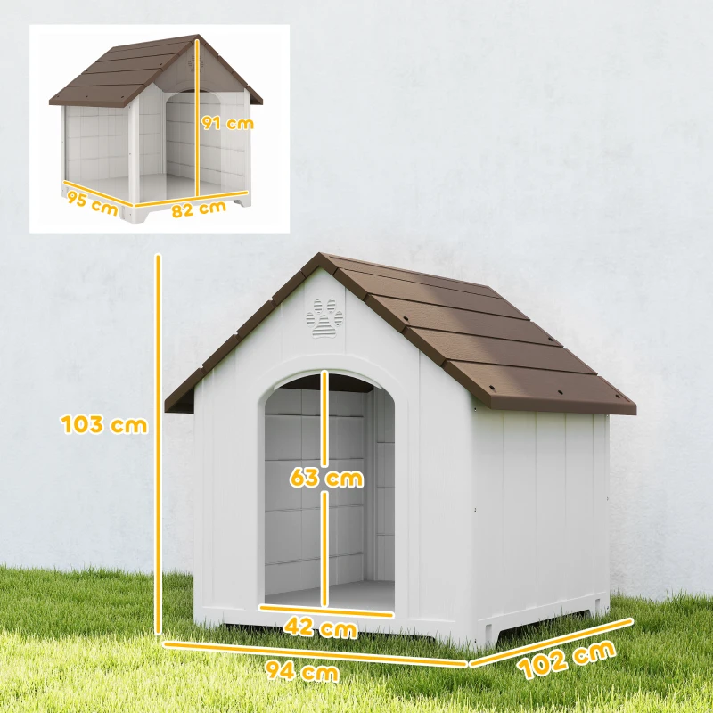 PawHut Caseta para Perros Exterior Casa para Perros Extragrandes de Plástico con 2 Ventanas Base Elevada Estacas Marrón Oscuro