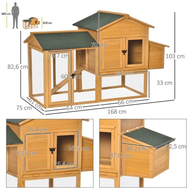 PawHut Poulailler en bois avec porte grillagée, plateau amovible, nichoir, rampe pour 2 à 4 poules 168 x 75 x 103 cm