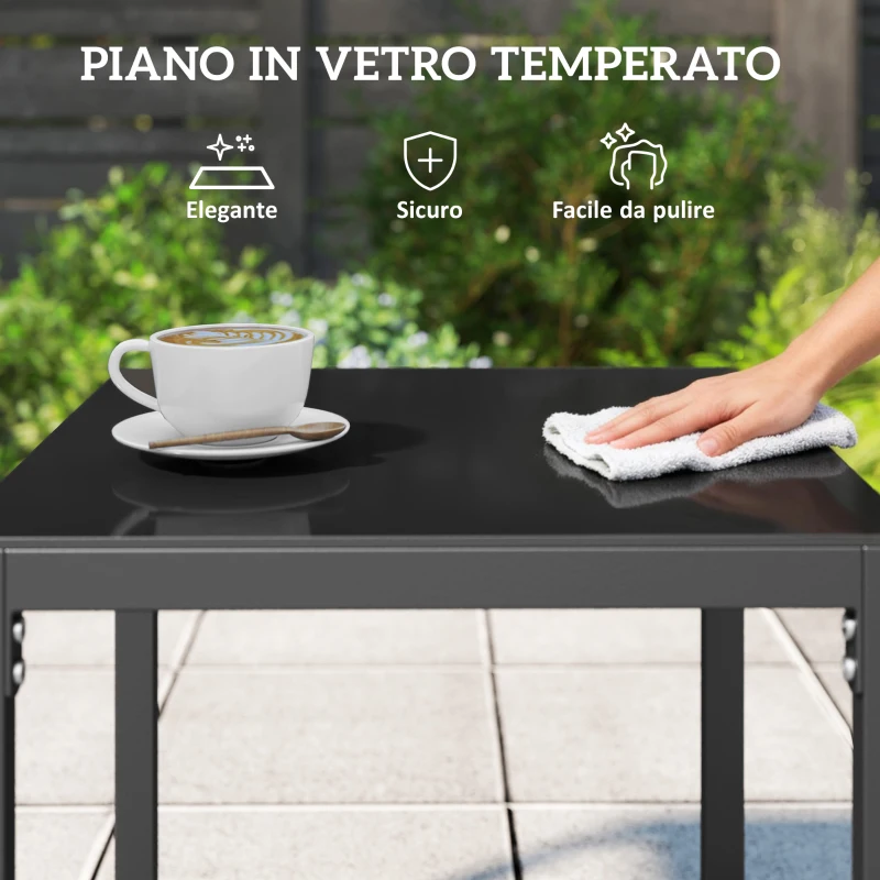 Outsunny Salotto da Giardino in Rattan con 2 Poltrone da Esterno e Tavolino con Piano in Vetro, Nero
