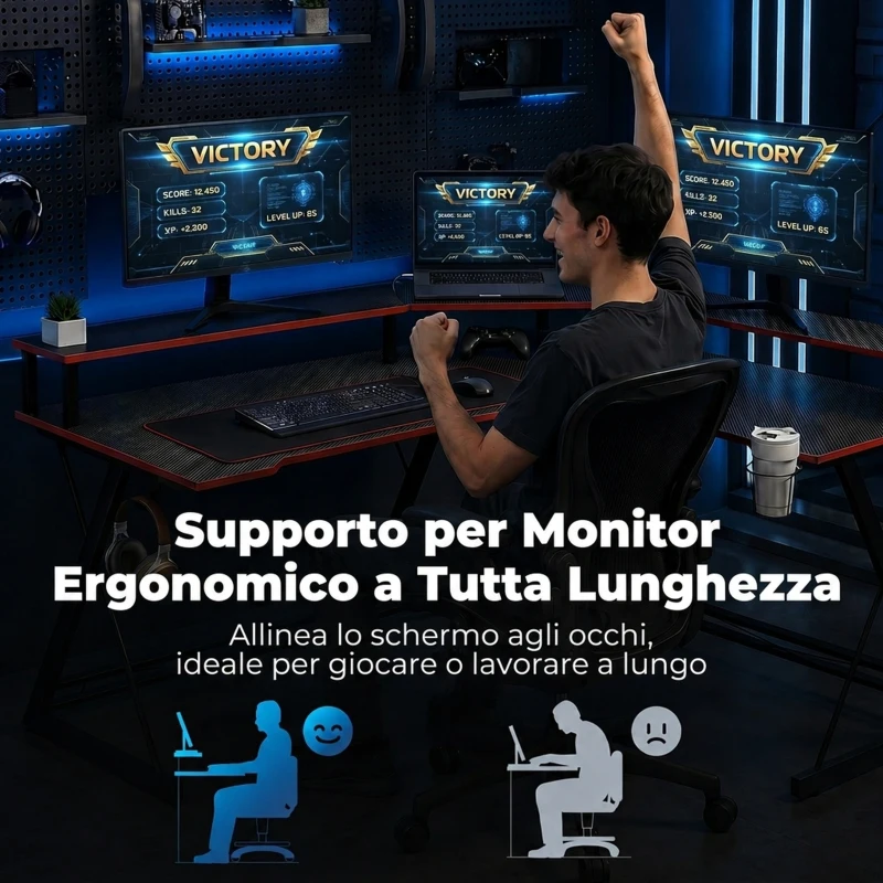 HOMCOM Scrivania da Gaming Angolare con Supporto Monitor, Gancio Cuffie e Portabicchieri, 128x128x88 cm, Nero