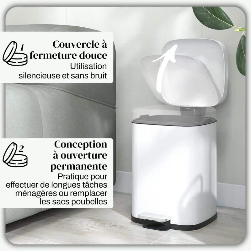 HOMCOM Poubelle de cuisine 12L avec couvercle à fermeture douce et pédale, seau intérieur amovible, 24,5 x 32 x 36,5 cm, blanc