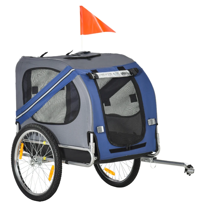PawHut Remorque vélo pour chien animaux 8 réflecteurs drapeau barre attelage inclus acier polyester imperméable max. 30 Kg 130L x 73l x 90H cm bleu