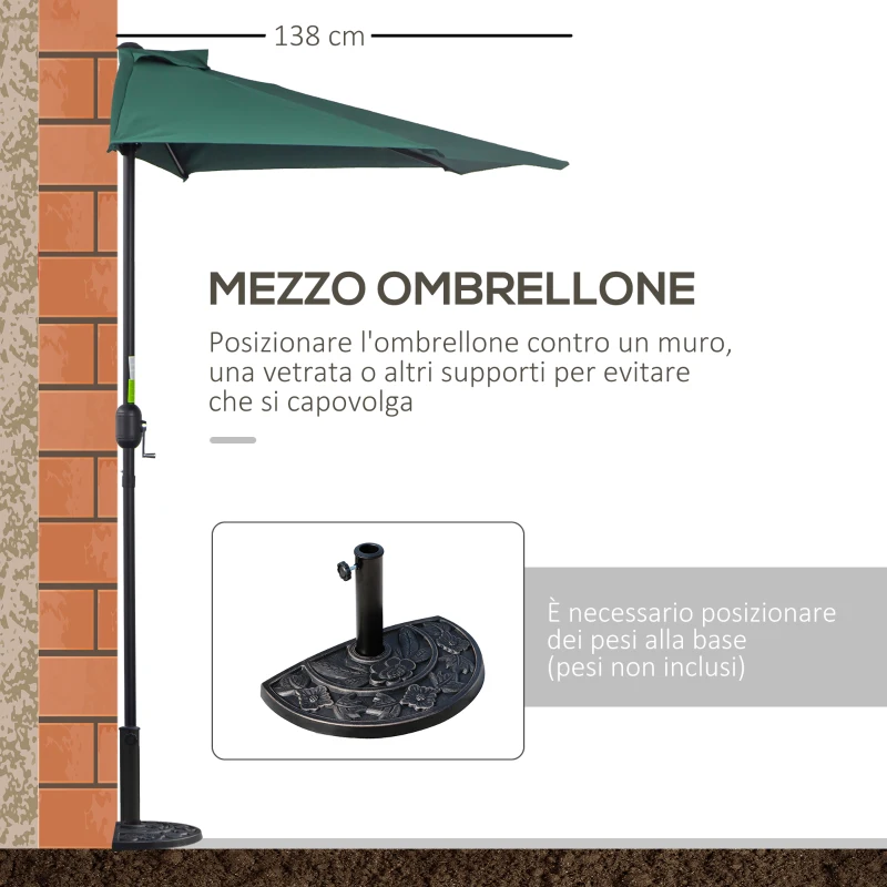 Outsunny Ombrellone Semicircolare da Parete 2.7x2.4 m con Apertura a Manovella in Poliestere, Verde