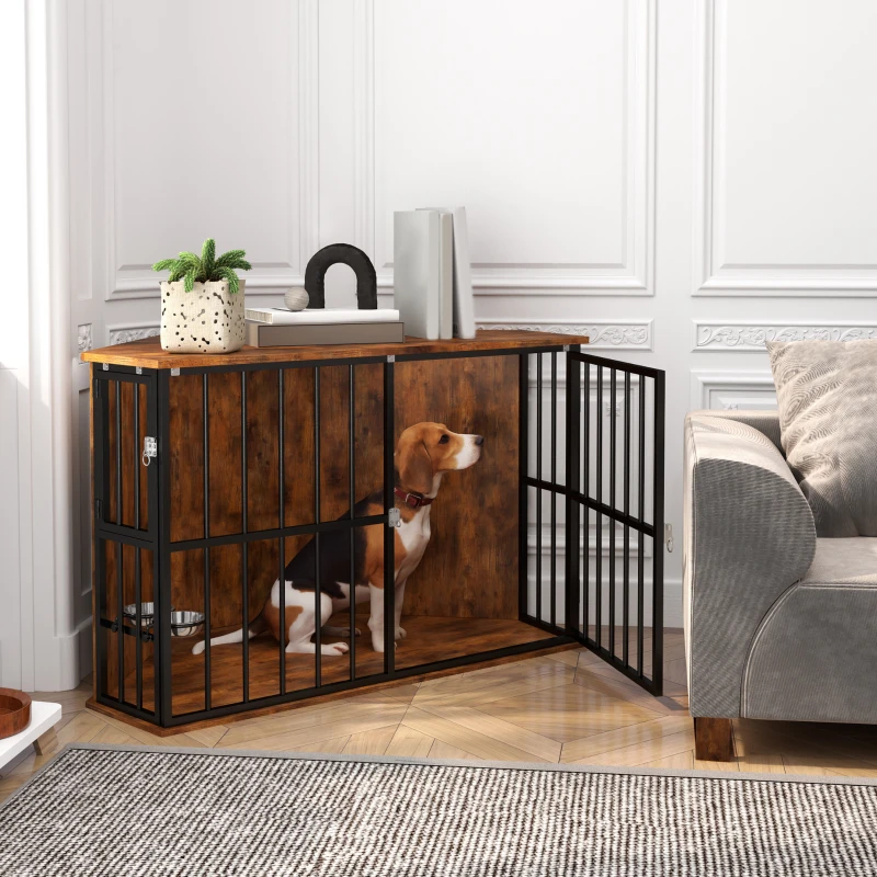 PawHut Corner Dog Crate Furniture with Two Bowls, Lockable Doors, for Small, Medium Dogs, Rustic Brown