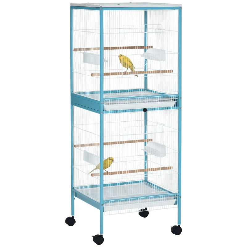 PawHut Grande Cage à Oiseaux sur Pied Double avec Mangeoires Perchoirs Plateau Amovible Roulettes 51,5 x 50 x 140 cm Bleu Clair