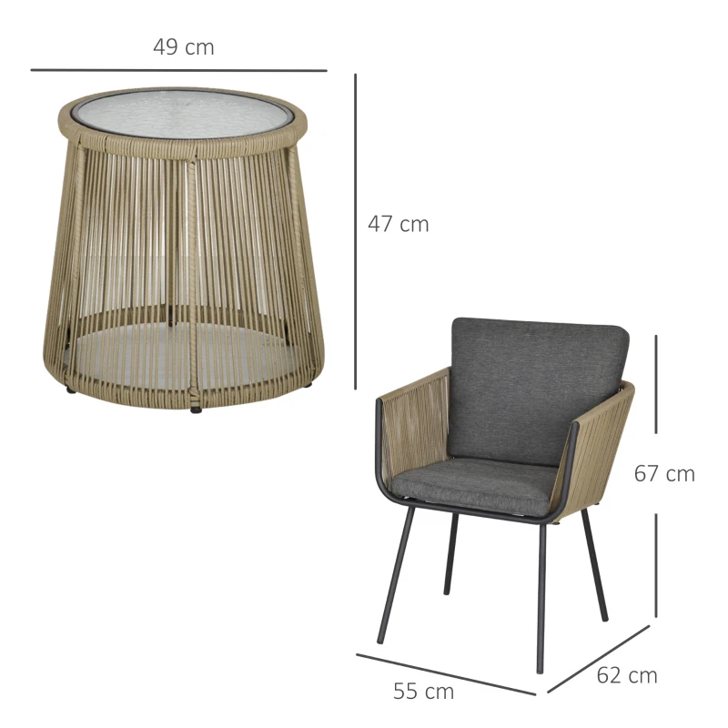 Outsunny Set da Esterno con Tavolino in Vetro e 2 Sedie da Giardino in Rattan Stile Boho, Caffè