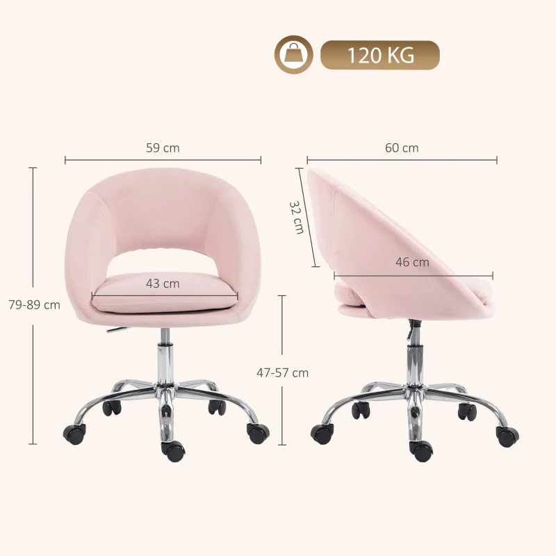 HOMCOM Velvet Desk Chair, Modern Office Chair with Height-Adjustable, Wheels, for Home Study Bedroom, Pink