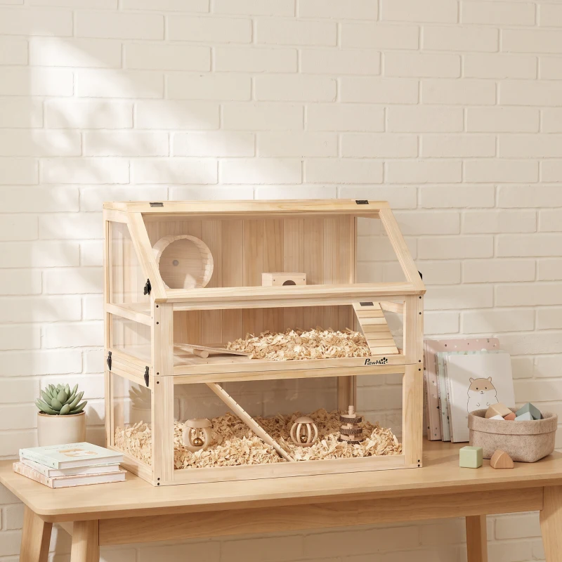 PawHut Hamsterkäfig aus Holz 3 Etagen Nagarium Nagerkäfig mit klappbarem Deckel Laufrad 80 x 50 x 76 cm Naturholz(m-8)