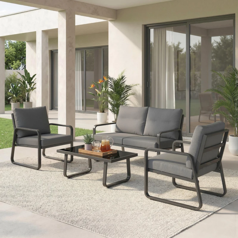 Outsunny 4 Piece Garden Furniture Set, Outdoor Sofa Set with Loveseat, 2 Armchairs, Coffee Table and Cushions