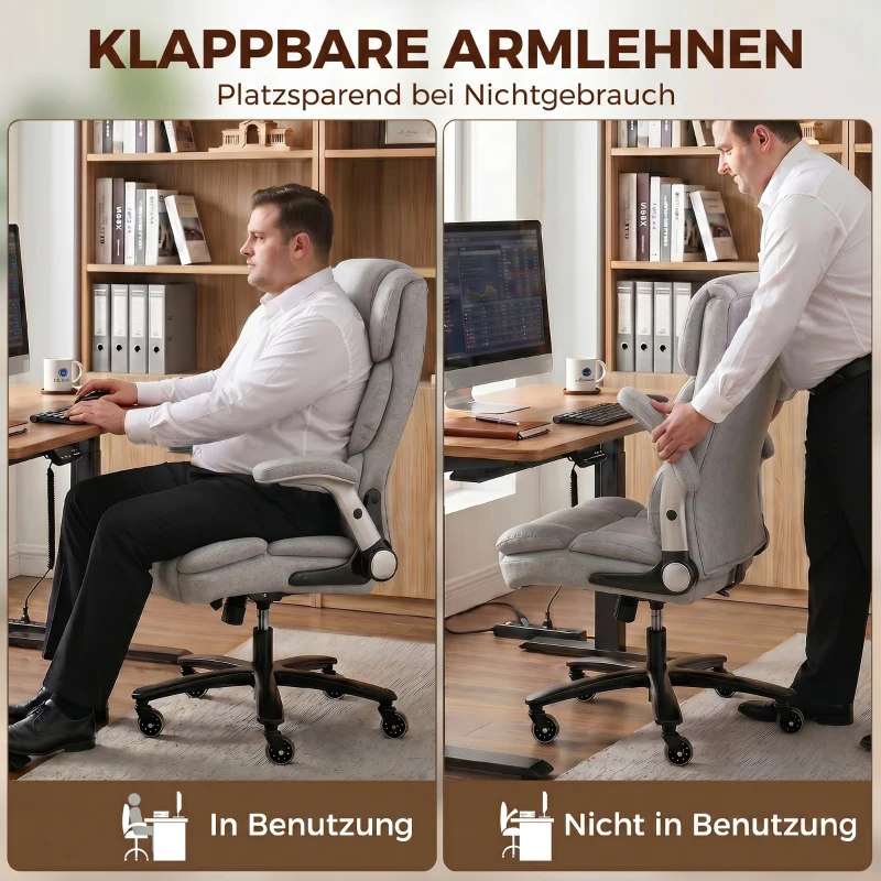 HOMCOM Bürostuhl mit Airbag-Lendenstütze, Schreibtischstuhl mit hochklappbaren Armlehnen, Taschenfedern, Hellgrau