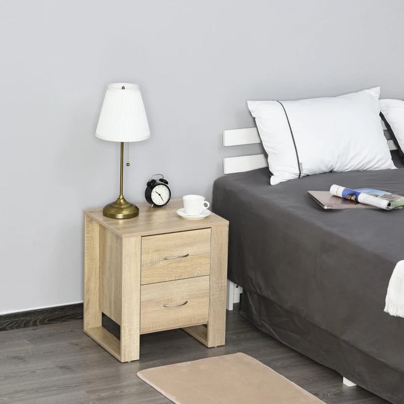 HOMCOM Mesita de Noche con 2 Cajones Patas y Base Elevada para Dormitorio Mesa Lateral para Sala de Estar Estilo Moderno 48x39x54 cm Natural