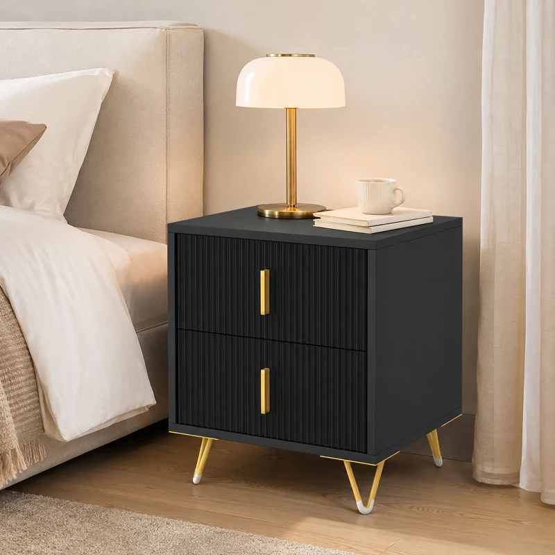 HOMCOM Elegant Fluted Bedside Table - Black/Gold-Tone