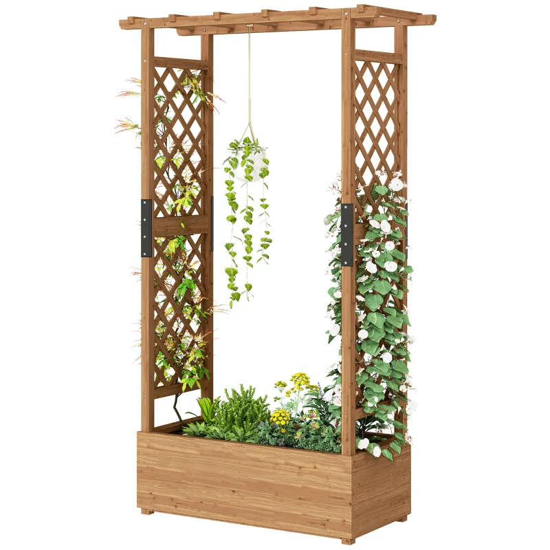 Outsunny Verhoogd bed met klimrek en dak, voor bloemen, fruit, groenten, kruiden, 110 x 44 x 181 cm, hout, Oranje