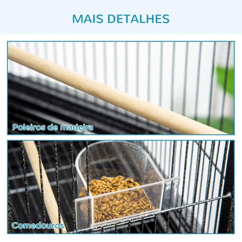 PawHut Gaiola para Pássaros com Rodas 81x48x162,5 cm com Bandeja 4 Poleiros 4 Comedouros e Prateleira Preto e Cinza