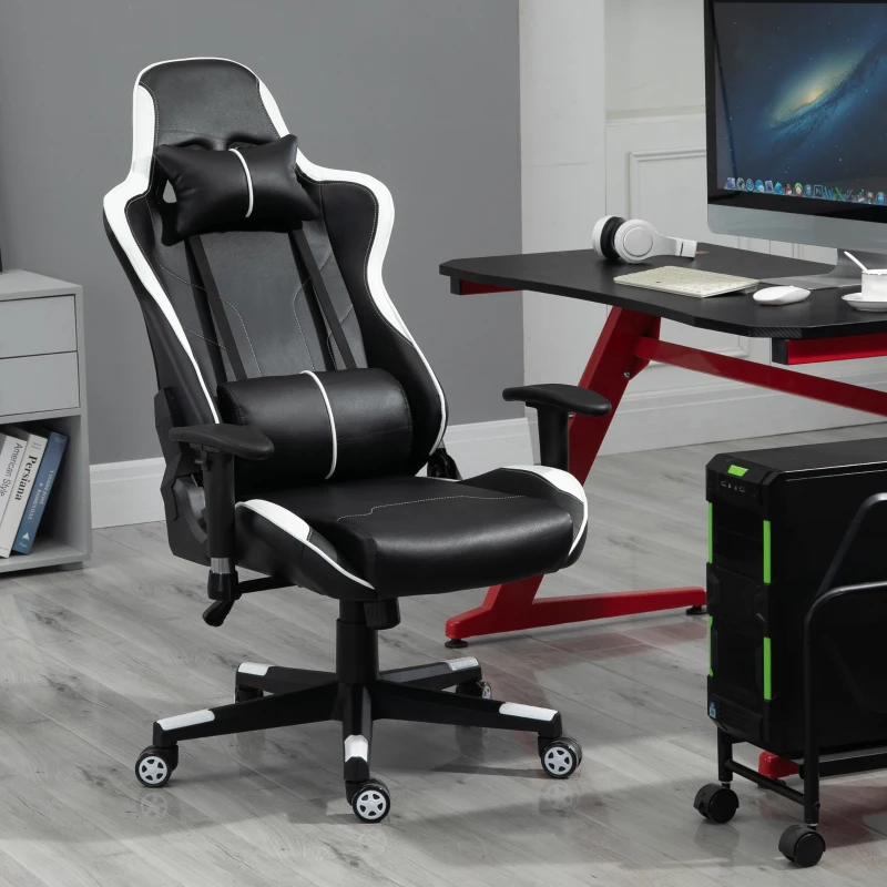 Vinsetto Poltrona da Gaming con Altezza Schienale Regolabile, Sedia Ufficio con Poggiatesta e Cuscino Lombare Nera e Bianca