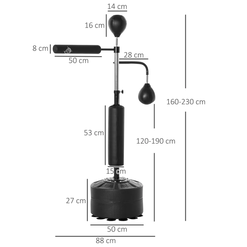 HOMCOM Sac de Box Reglabil 4 în 1 cu 2 Speedball-uri, Bară Rotativă și Sac de Box, Înălțime Reglabilă 160-230cm, Negru