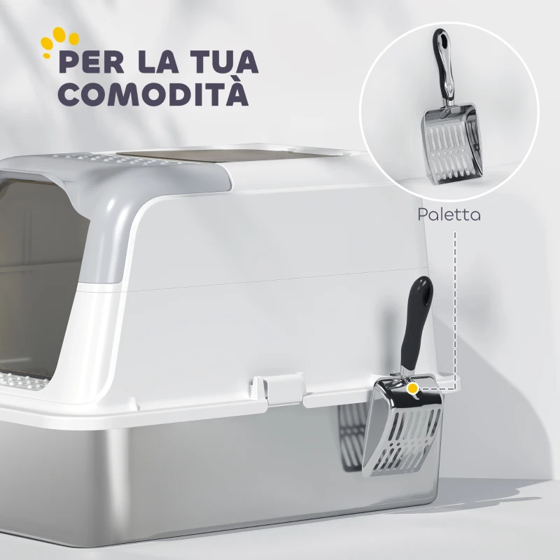 PawHut Lettiera per Gatti Chiusa a 2 Ingressi con Deodorante e Paletta, 60.4x40.4x41.8 cm, Bianco e Grigio
