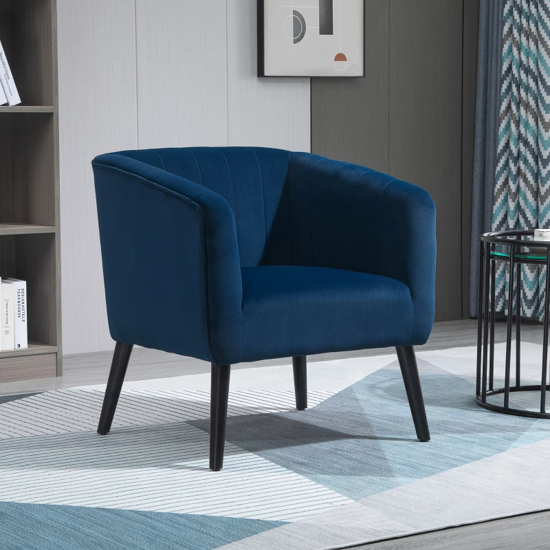 HOMCOM Poltroncina Moderna Sedia Imbottita Stile Nordico, Rivestimento in Velluto e Gambe in Legno, Blu, 70.5x70x76cm