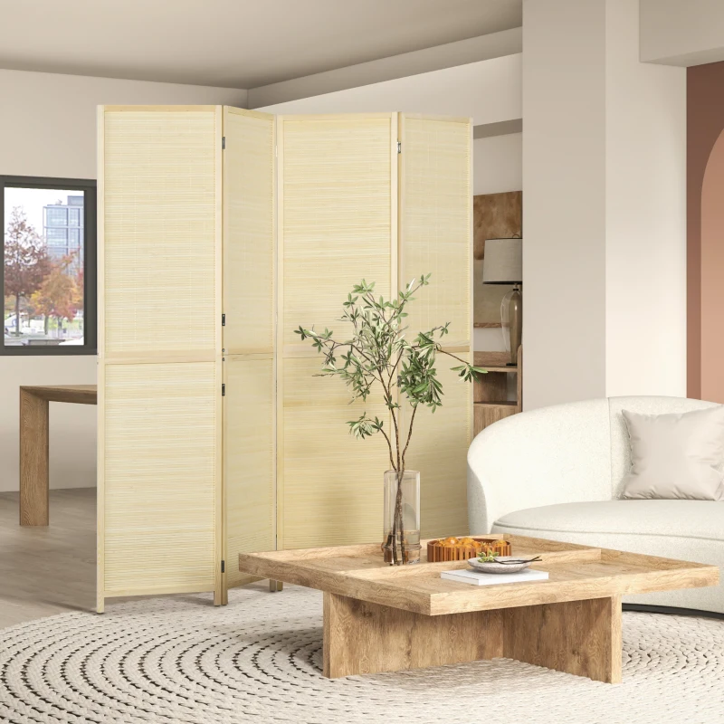 HOMCOM Paravento per Interno Pieghevole a 4 Ante, Divisorio in Bambù di Rattan, 180x1.6x180 cm