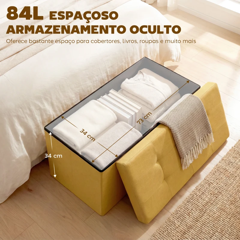 HOMCOM Puff de Arrumação Banco de Arrumação Dobrável 84 L 76x38x38 cm Estofado em Linho Sintético Amarelo