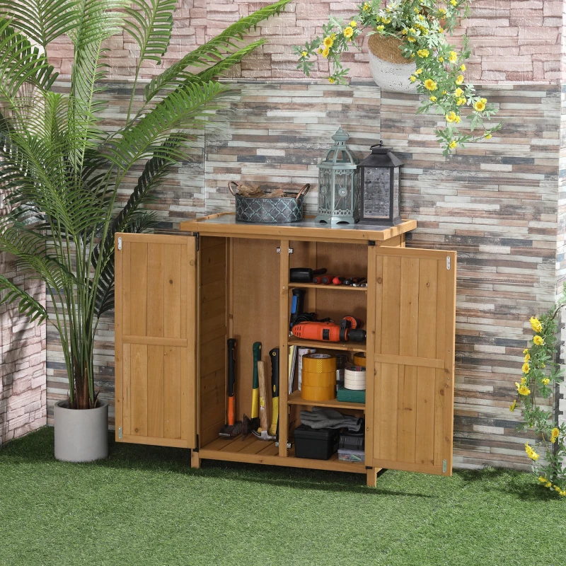 Outsunny Abrigo de Jardim em Madeira, 75x40x90 cm Armazenamento de Ferramentas, com 4 Prateleiras 2 Portas e Telhado de Aço Galvanizado Madeira
