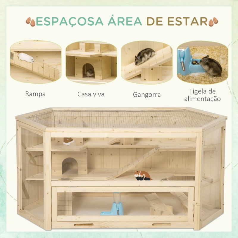 PawHut Gaiola de Madeira para Hámster 115x60x55cm Gaiola para Roedores e Animais Pequenos de 3 Níveis com Teto Abatível Bandeja Removível e 3 Rampas Madeira