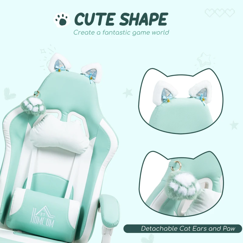 HOMCOM Cat Ear and Paw Reclining Office Chair, with Footrest - Light Blue/White