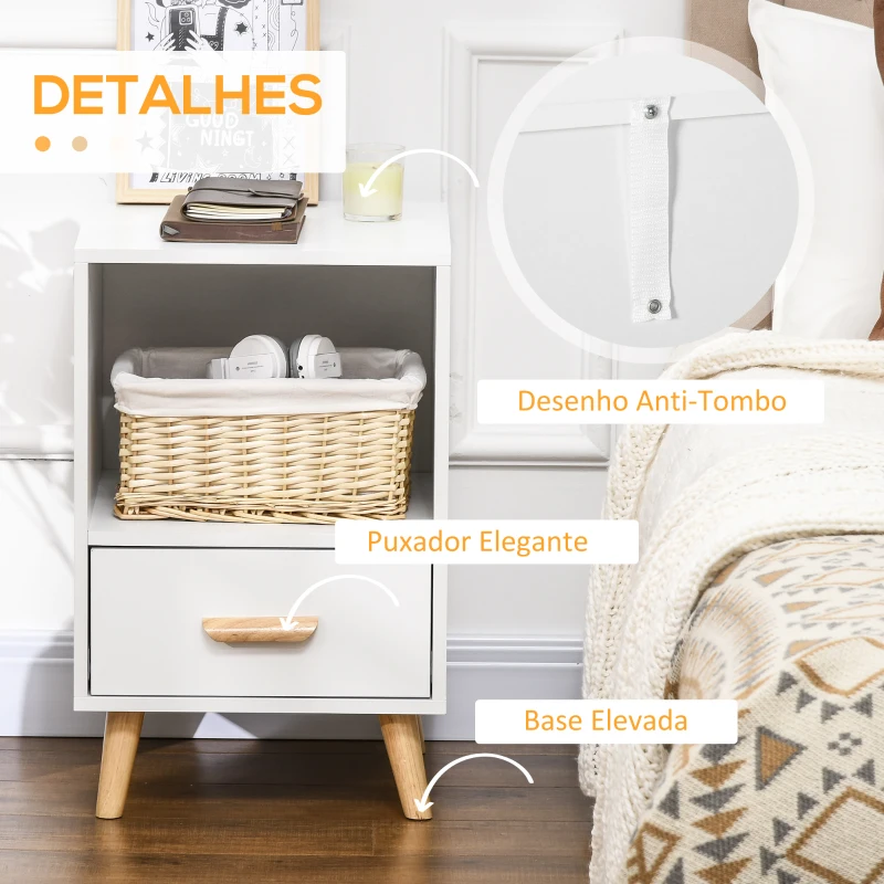 HOMCOM Mesa de Cabeceira Mesa Auxiliar Moderna com 1 Gaveta e Compartimento de Armazenamento 40x40x62cm Branco e Madeira