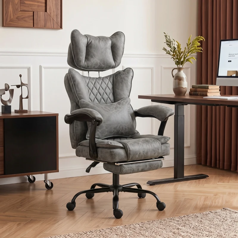 HOMCOM Executive Office Chair, Leathaire Big and Tall Office Chair 180 kg with Wide Seat, Reclining, Lumbar Support, Grey