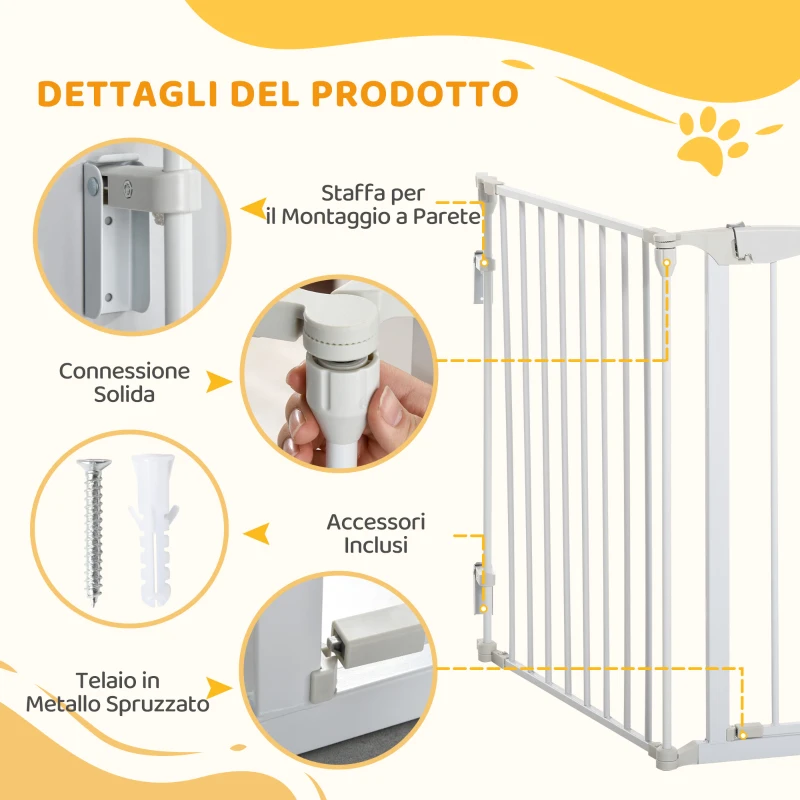 PawHut Cancelletto per Cani con Chiusura Automatica e Sistema di Blocco, in Metallo e Plastica, 180x74.5 cm, Bianco