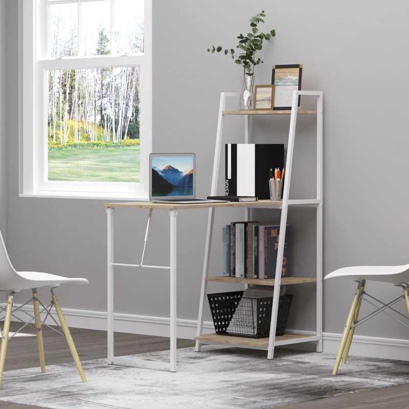 HOMCOM Schreibtisch klappbar mit 4 Tier Bücherregal, Computertisch, Bürotisch, E1 Spanplatte, Metallrahmen, Natur+Weiß, 106 x 48 x 128 cm