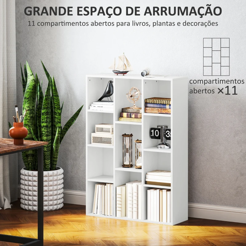 HOMCOM Estante de 3 Níveis Estante para Livros com 11 Compartimentos Desenho Vertical ou Horizontal 74,3x24x106 cm Branco
