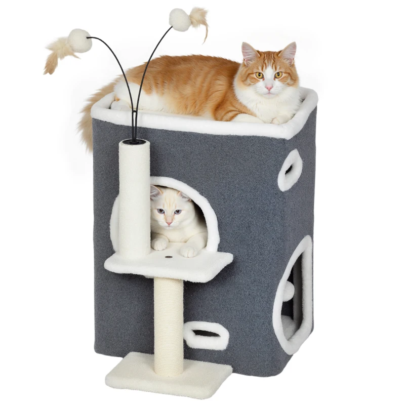 PawHut kattenkrabpaal, bovenligplaats, 2-verdiepingen huis, sisalpalen, Grijs