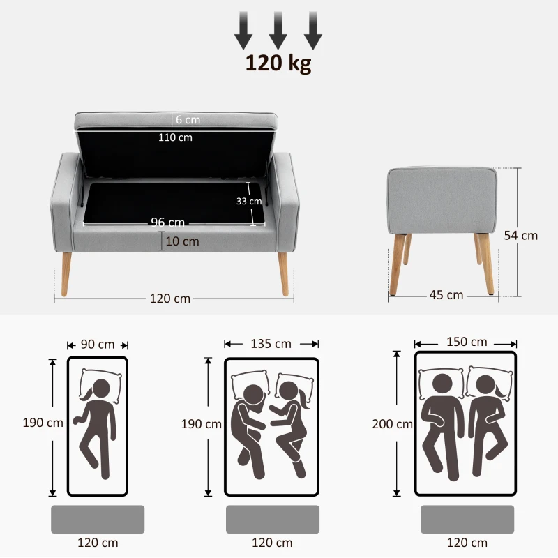 HOMCOM Banco de Armazenamento Estofado em Linho com Tampa Abatível e Pés de Madeira 120x45x54 cm Cinza Claro
