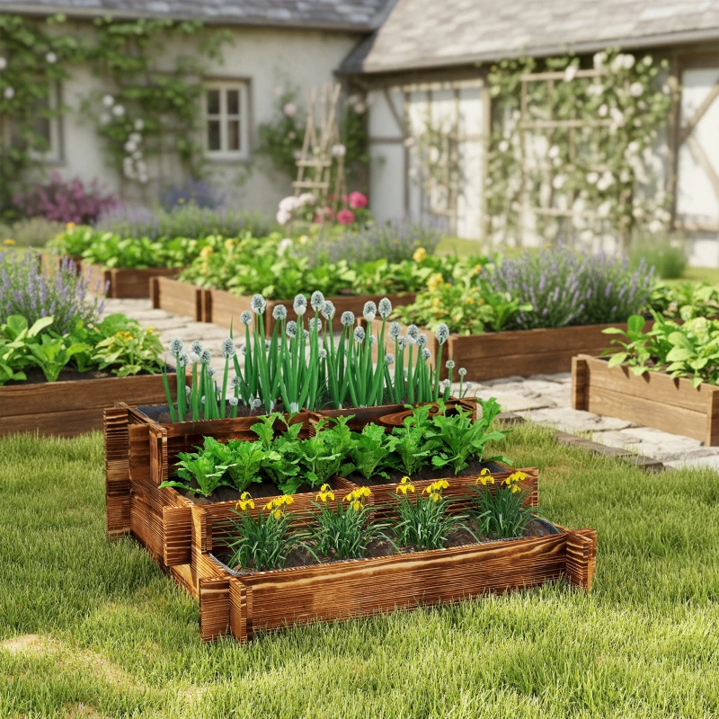 Outsunny Caixa de Plantio de Madeira de 3 Níveis com Malha Geotextil para Cultivos de Plantas Flores Exterior 93x93x35 cm Carbonizado