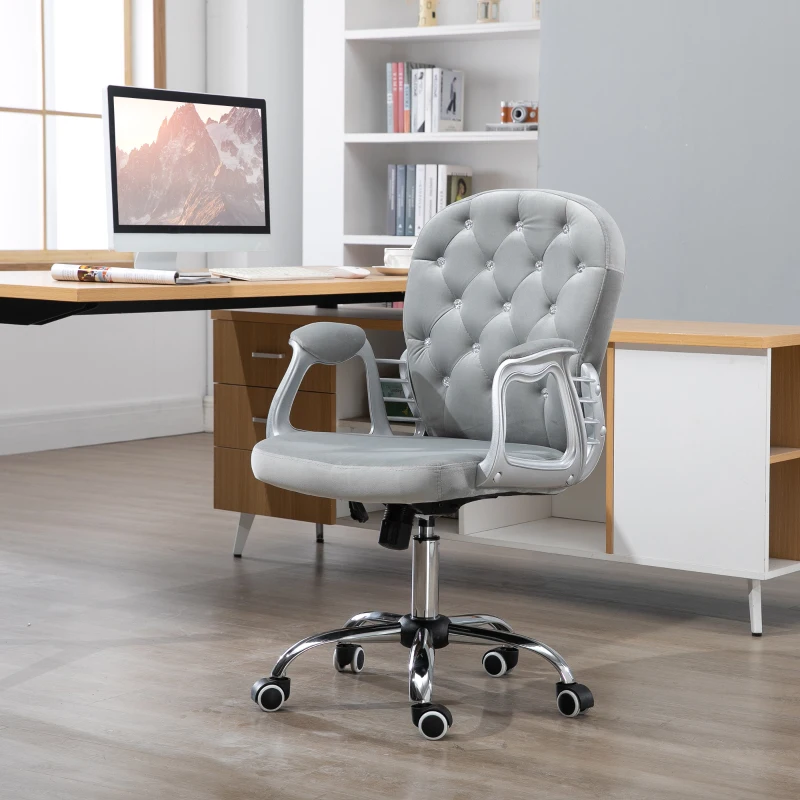 Vinsetto Silla de Escritorio de Terciopelo con Altura Ajustable Reposabrazos y Decoraciones de Diamantes 59,5x60,5x93-103 cm Gris