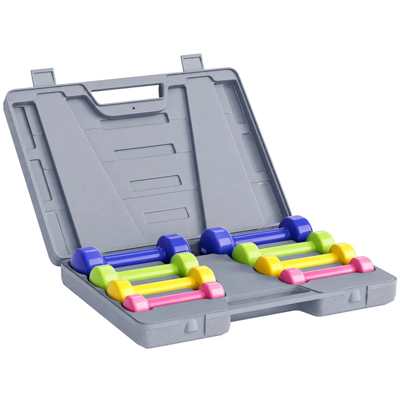 HOMCOM Dumbbell Set 4 Paren met Koffer 0,5 kg/1 kg/1,5 kg/2 kg IJzer+Kunststof Rood Geel Groen Paars