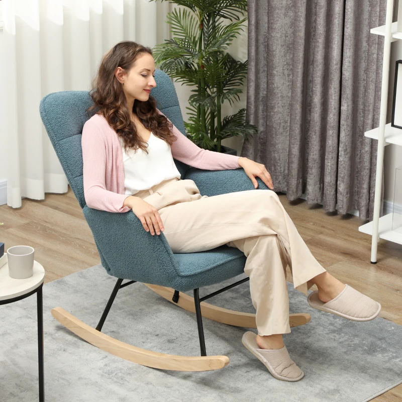 HOMCOM Schommelstoel, ergonomische vorm, massieve houten schenen, tot 120 kg, lichtblauw(m-7)