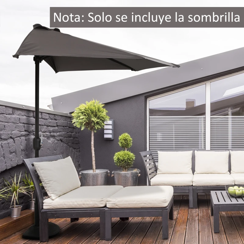Outsunny Sombrilla 269x138x236 cm Parasol de Jardín con Manivela y Forma Semicircular Tela Poliéster 180 g/m² para Exterior Terraza Patio Piscina Gris