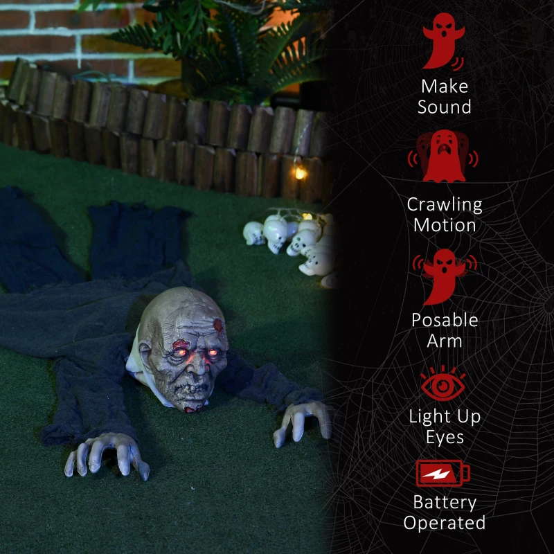 HOMCOM 5.2ft Life Size Outdoor Halloween Decoration Crawling Zombie, Animated Prop Decor with Sound and Motion Activated, Light Up Eyes, Howling Sound, Posable Arms
